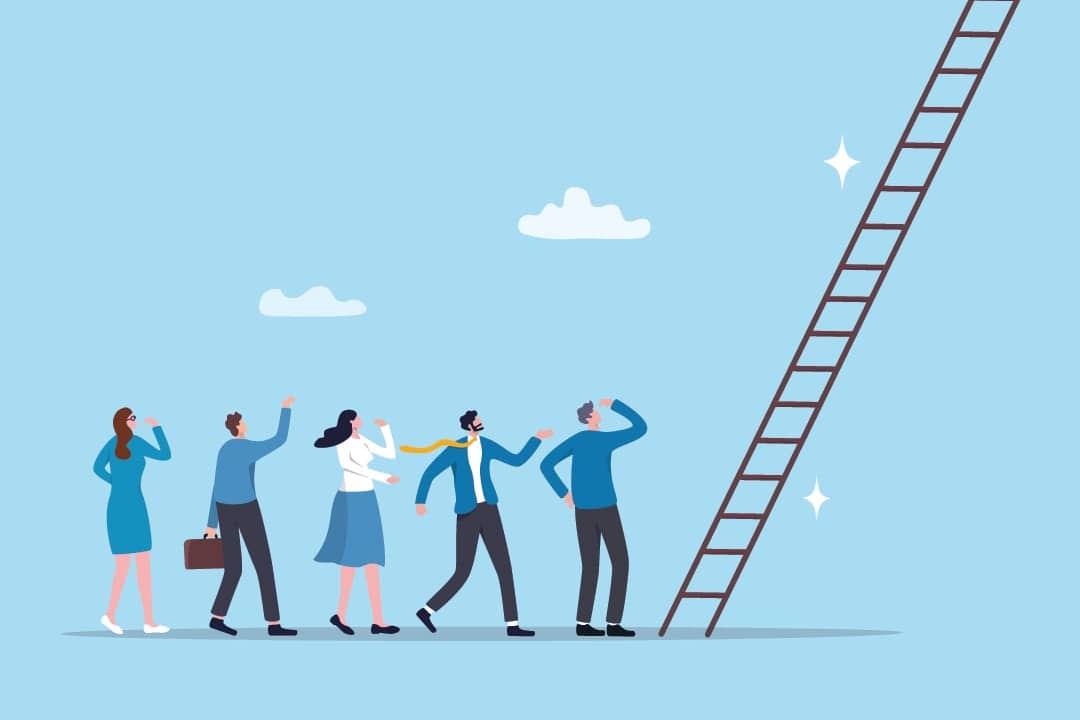 A vector illustration showing office workers standing at the bottom of a ladder, signifying a corporate growth or promotion concept.